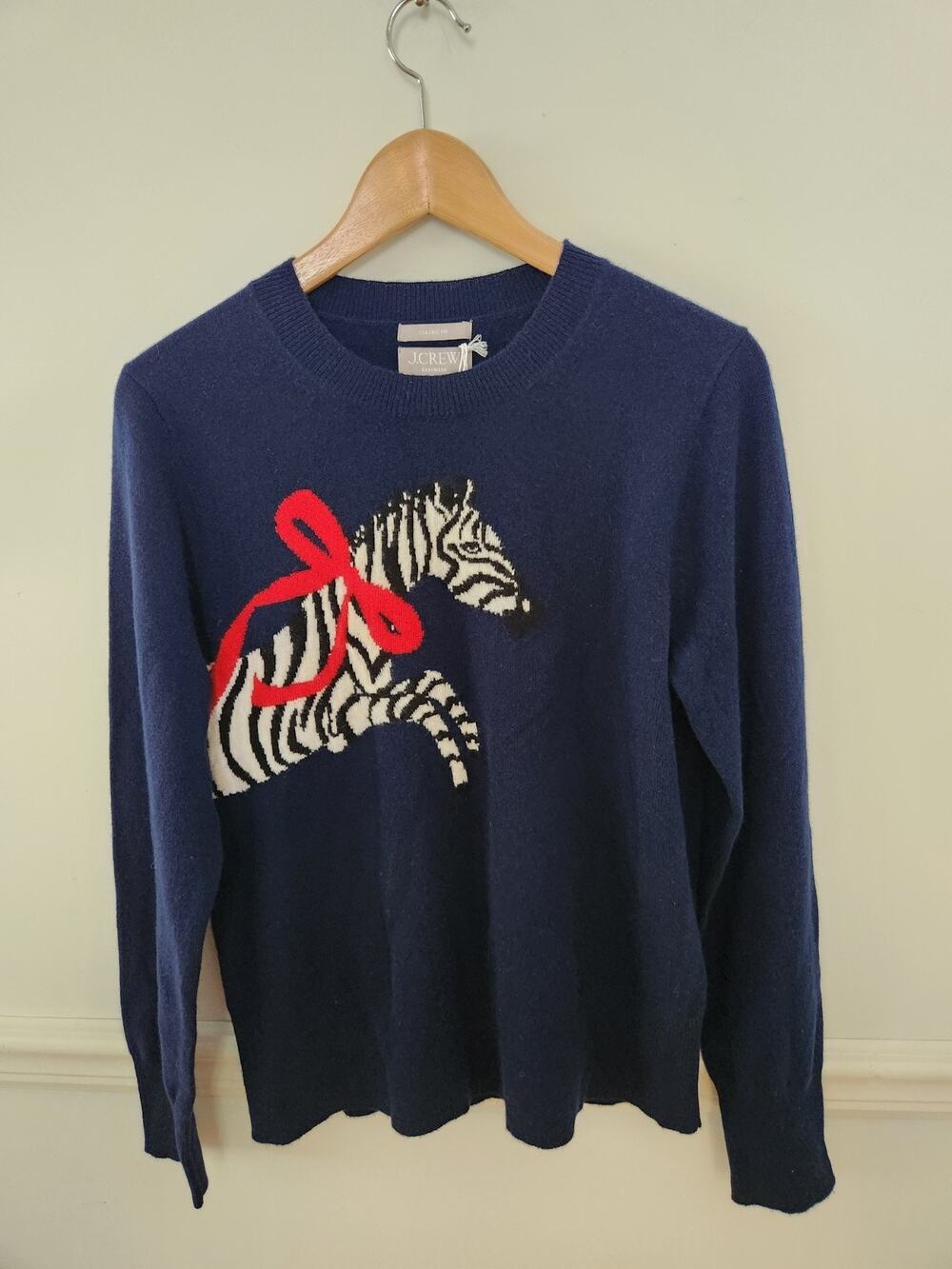 New J Crew Cashmere Sweater Sz Small Womens Classic Fit Crewneck Zebra Intarsia